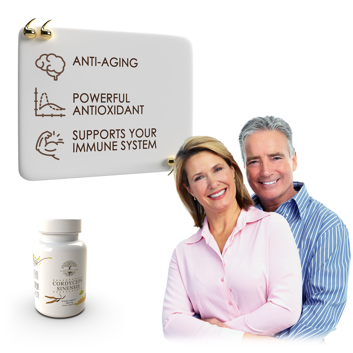 Product packaging with text about anti-aging and immune system support, alongside a couple smiling.