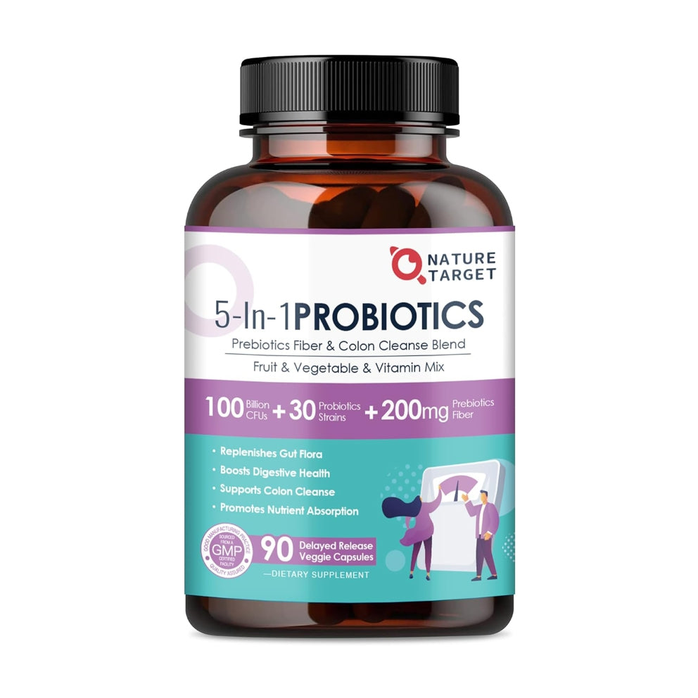 Nature Target 5-In-1 Probiotics supplement bottle on a white background