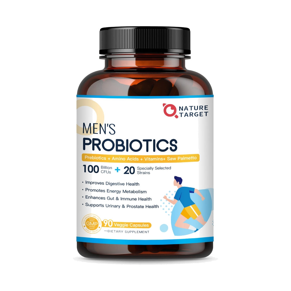 Bottle of Nature Target Men's Probiotics on a white background