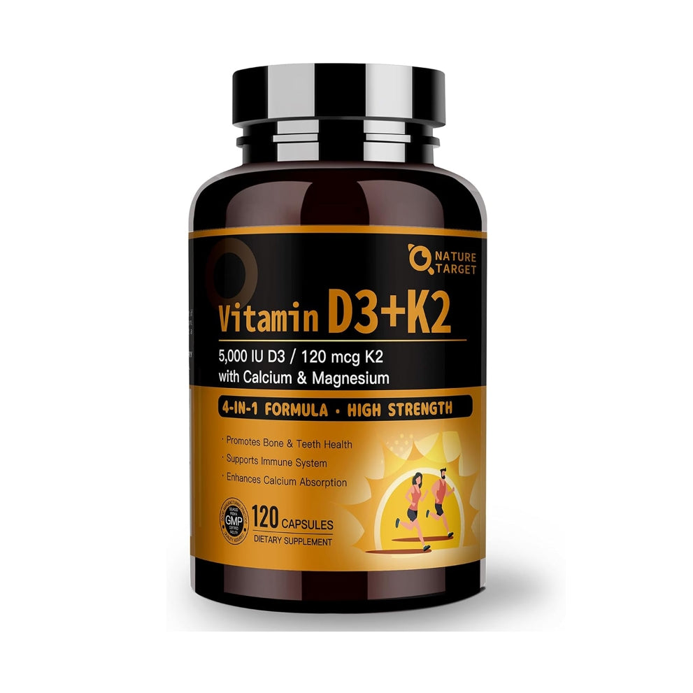 Supplement bottle labeled 'Vitamin D3+K2' by Nature Target on a white background