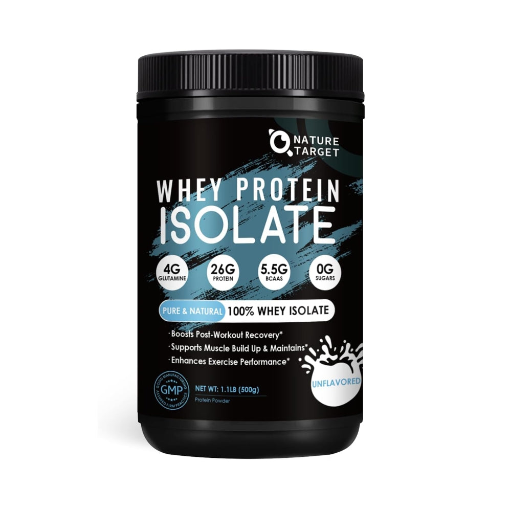 Black container of Nature Target whey protein isolate on a white background