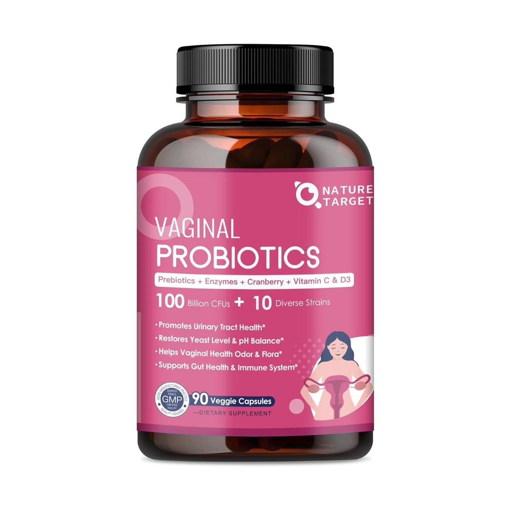 Bottle of vaginal probiotics with a pink label on a white background