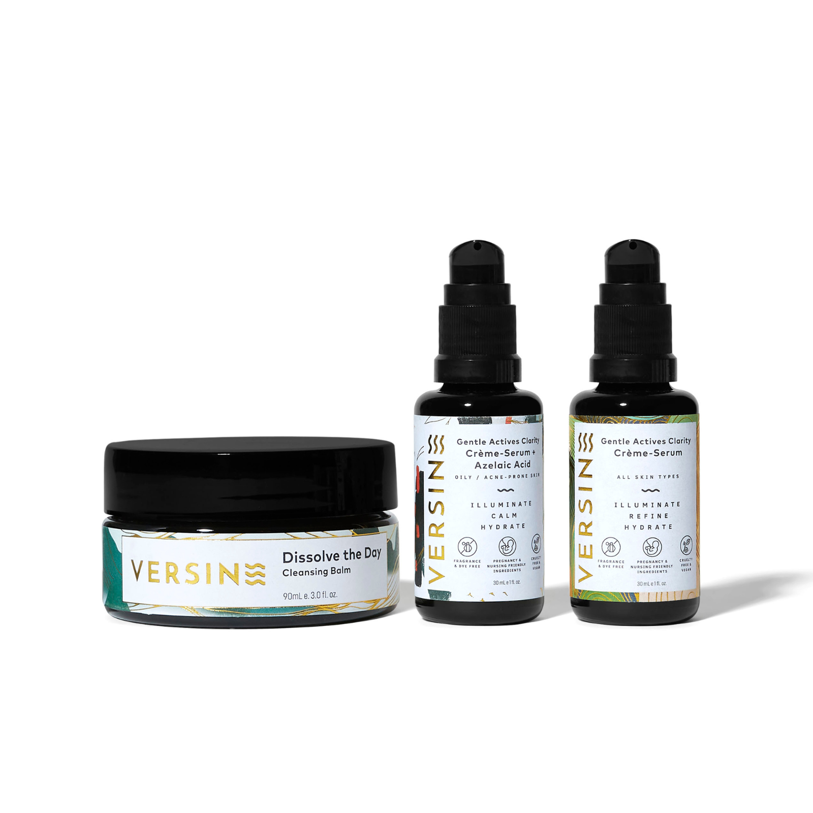 Versins skincare products including a jar and two bottles on a white background