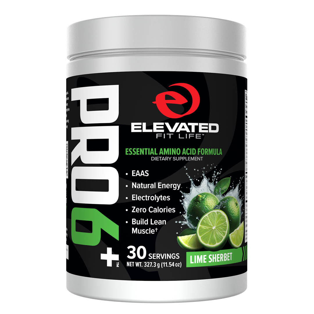 Supplement container labeled 'Elevated Fit Life Pro 6' with lime sherbet flavor on a white background