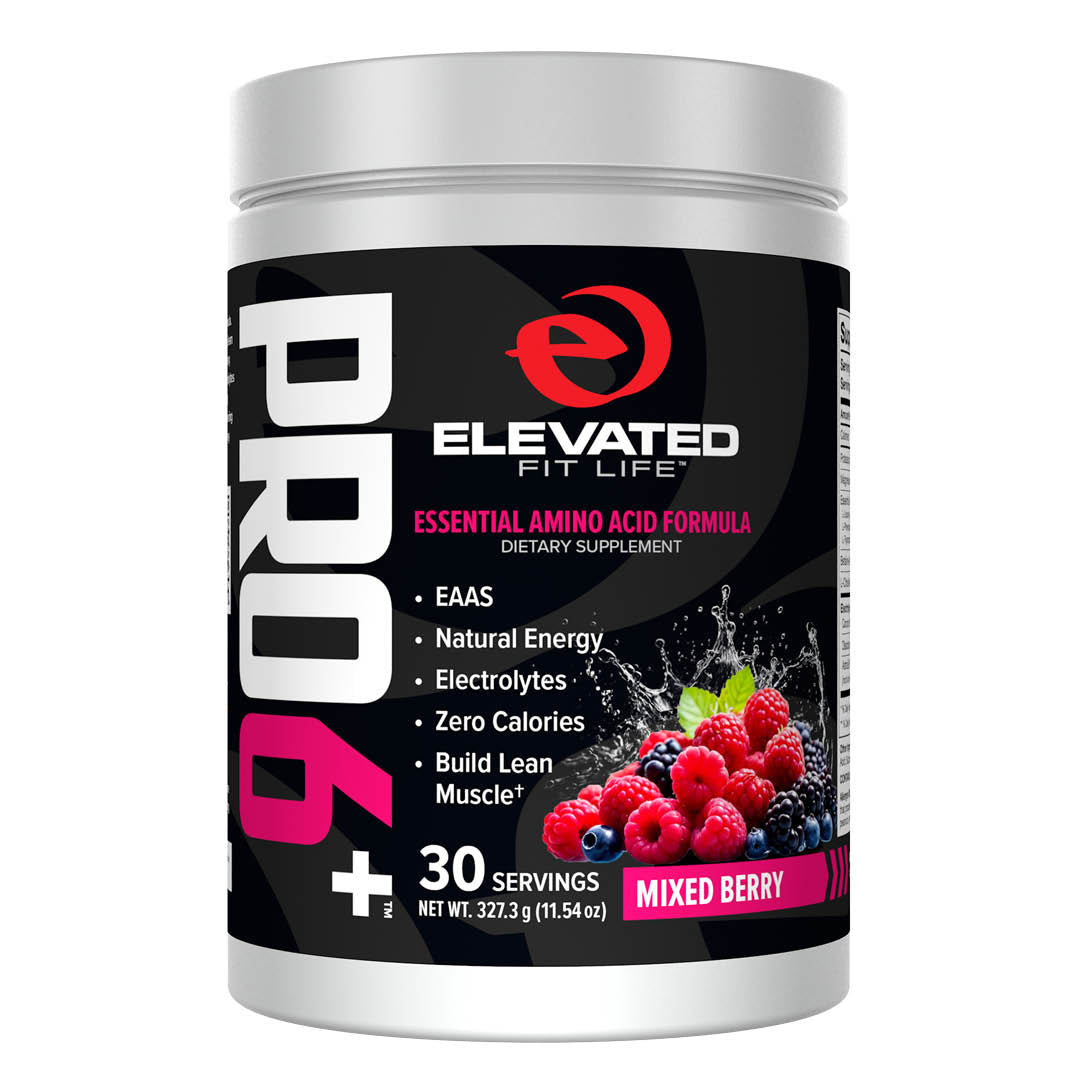 Supplement container labeled 'Elevated Fit Life Pro 6' with mixed berry flavor on a white background