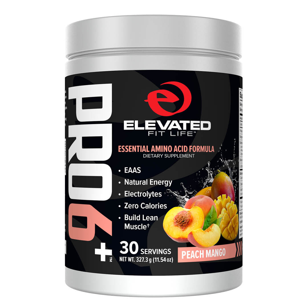 Supplement container labeled 'Elevated Fit Life Pro 6' with peach mango flavor on a white background