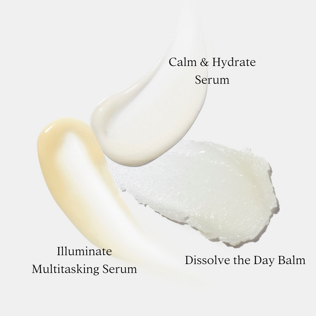 Three skincare products labeled 'Calm & Hydrate Serum', 'Illuminate Multitasking Serum', and 'Dissolve the Day Balm' on a white background.