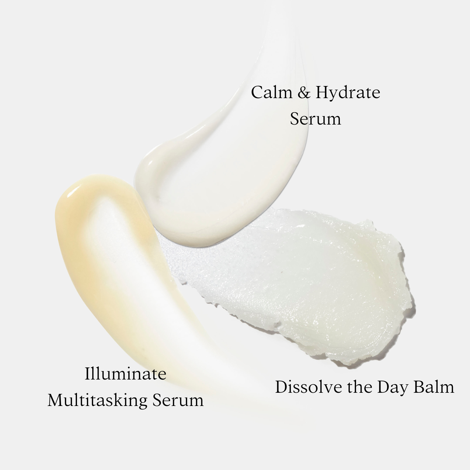 Three skincare products labeled 'Calm & Hydrate Serum', 'Illuminate Multitasking Serum', and 'Dissolve the Day Balm' on a white background.