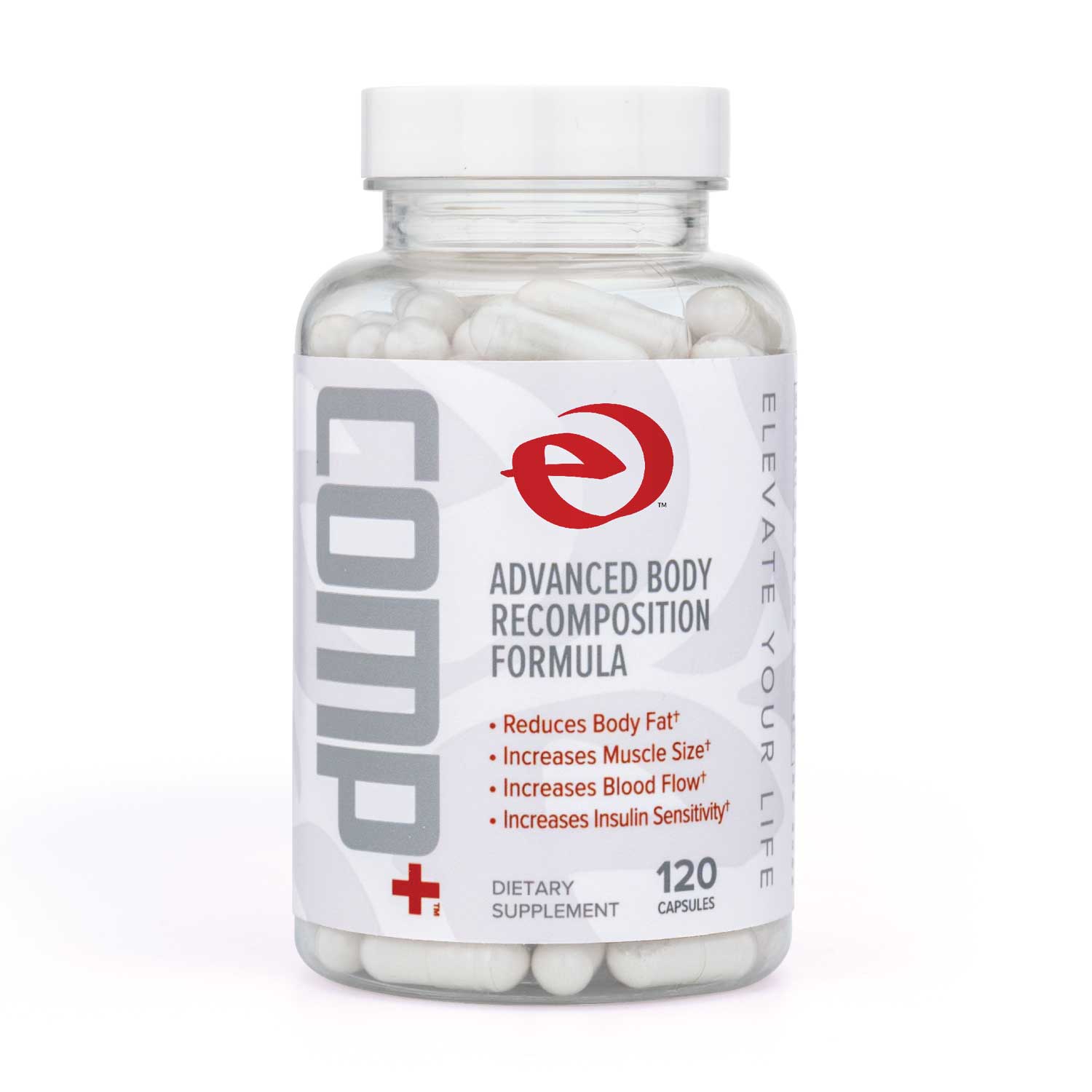 Supplement bottle labeled 'LOM' with white capsules on a white background