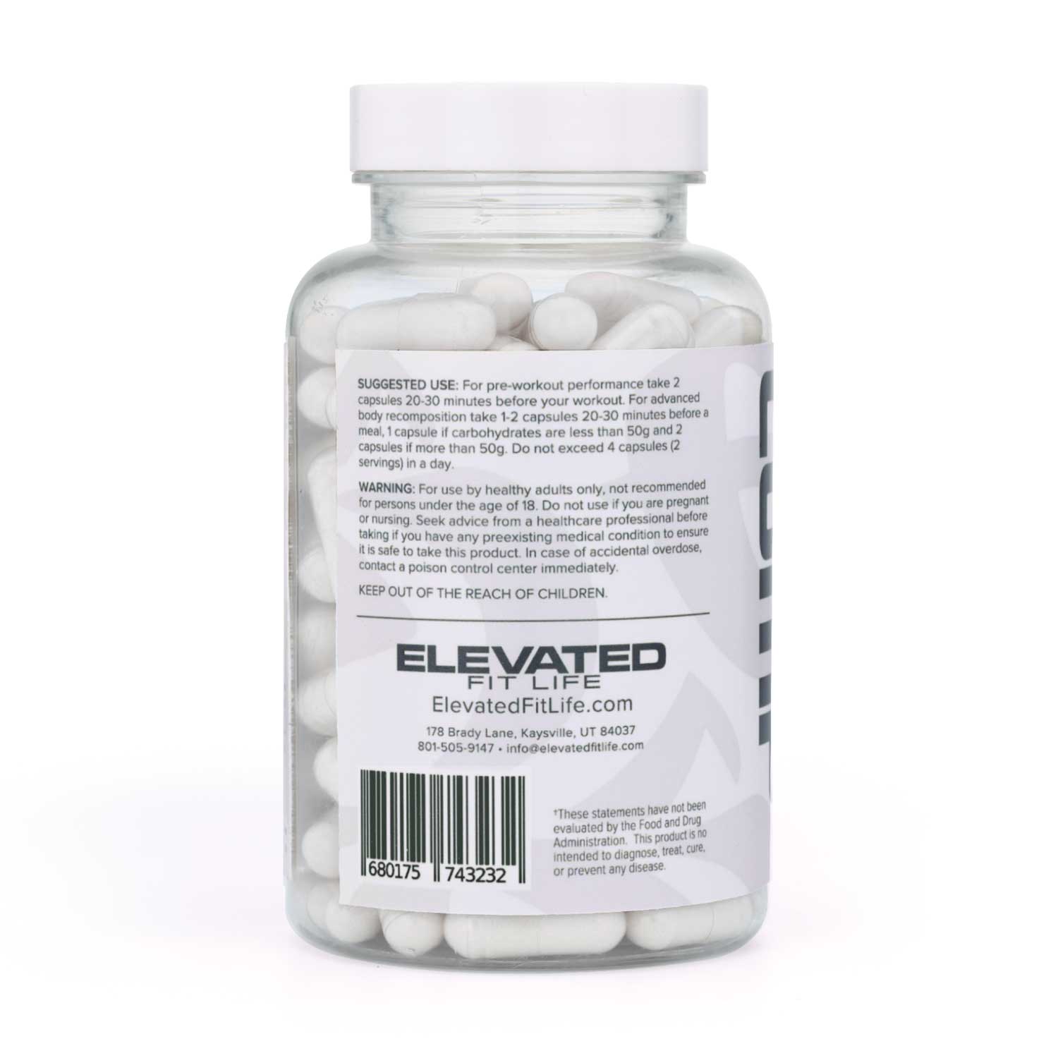Bottle of white capsules with label on a white background