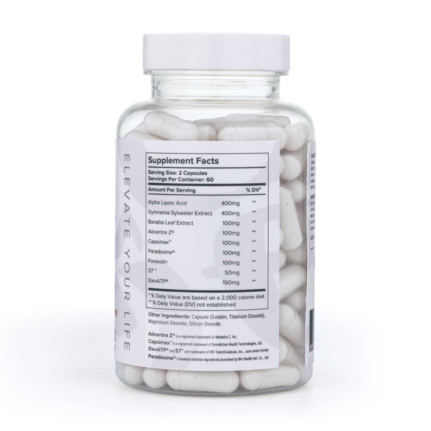 Supplement bottle with white capsules and label on a white background