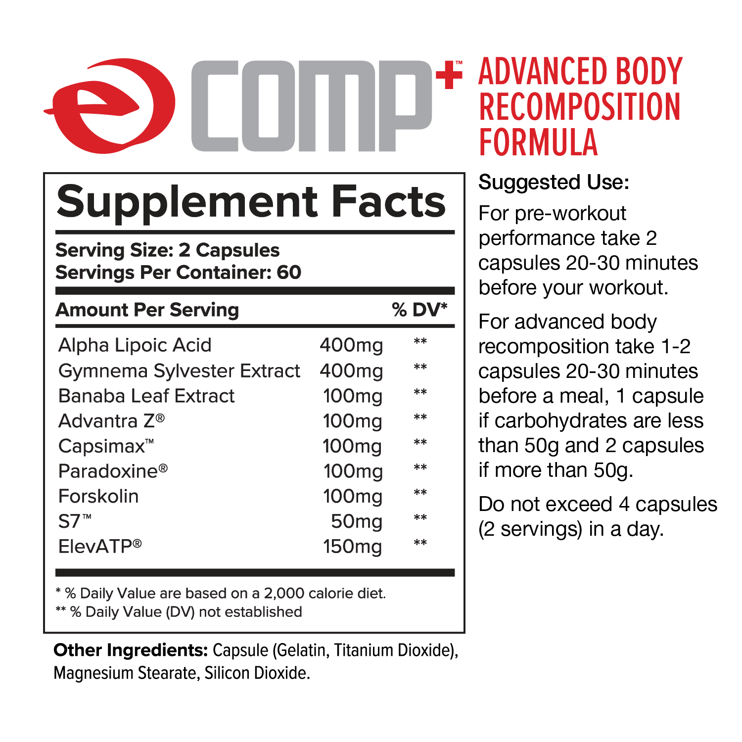Supplement label for 'COMP+' Advanced Body Recomposition Formula with ingredient list and usage instructions.