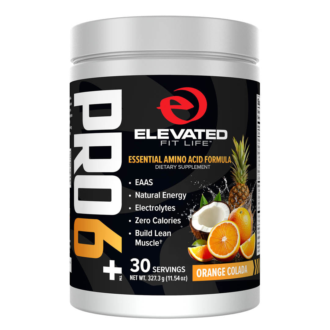 Supplement container labeled 'Elevated Fit Life Pro 6' with orange colada flavor on a white background