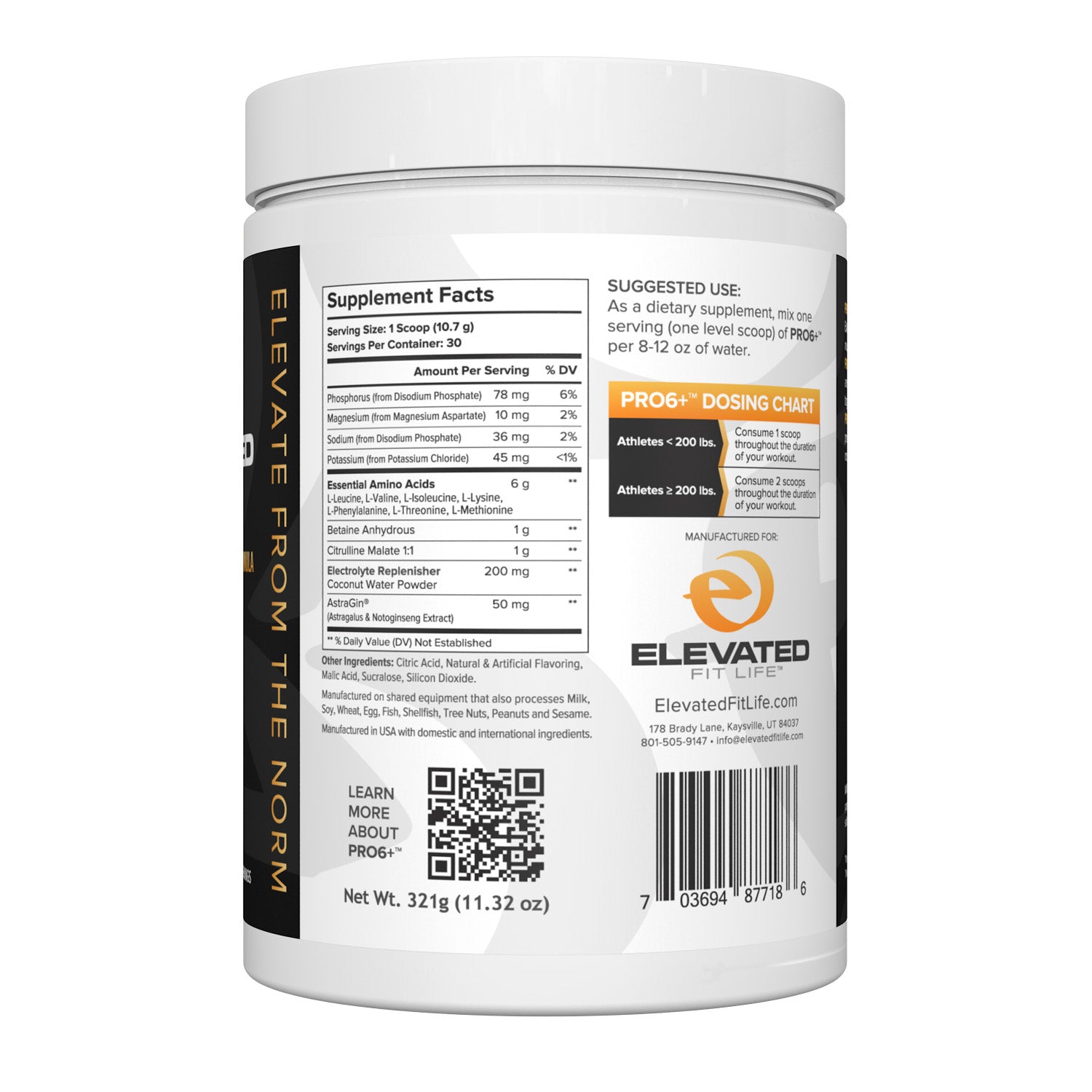 Supplement container with label showing 'Elevate from the Norm' branding on a white background