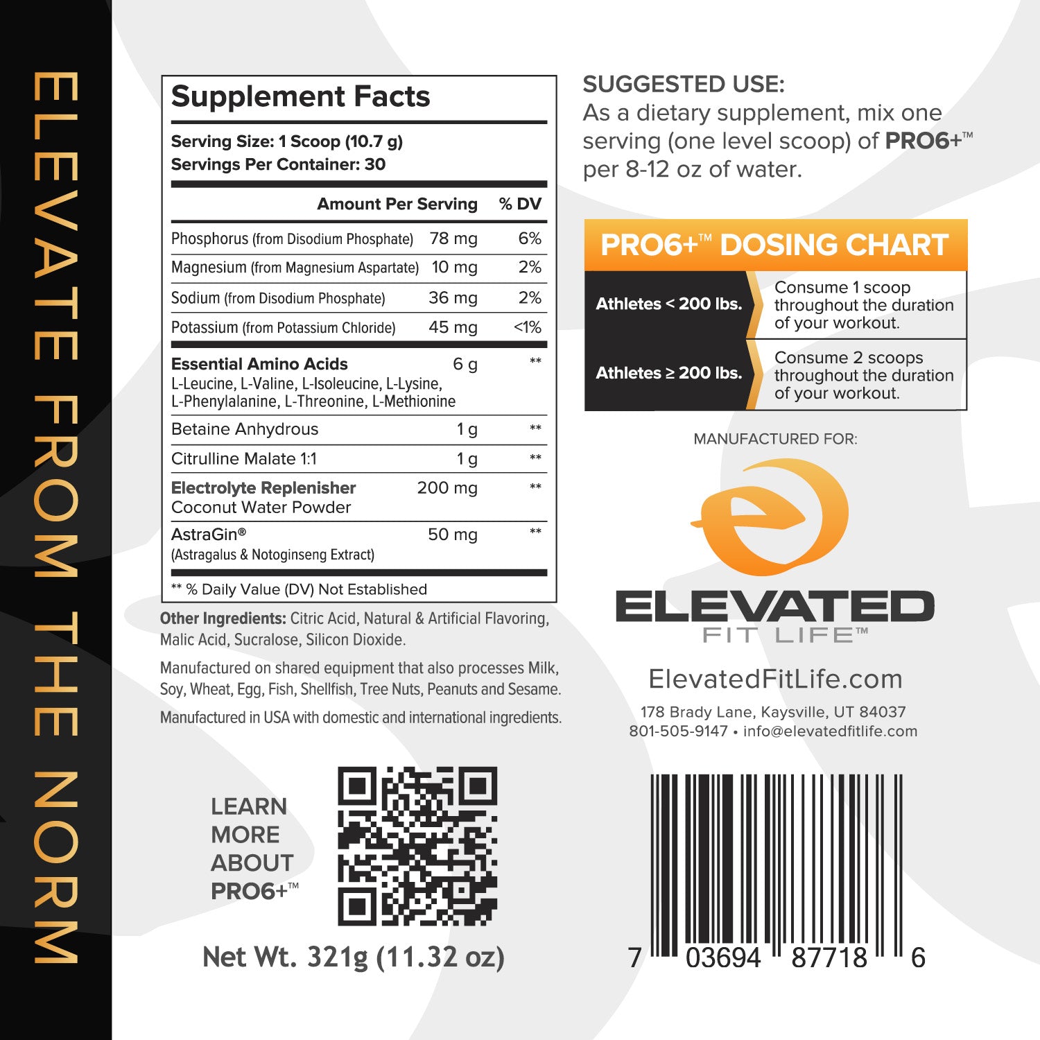 Supplement label for Elevated Fit Life product with text and branding.