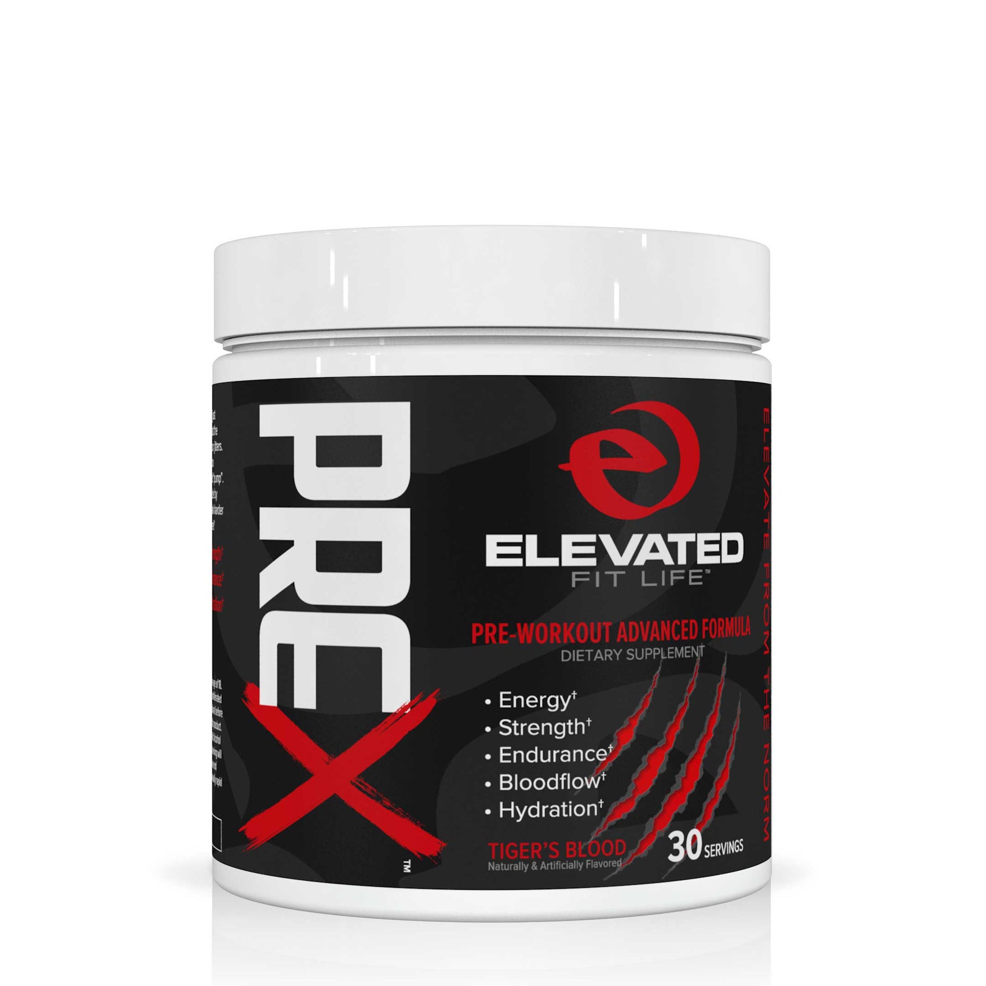 Pre-workout supplement container with 'Elevated Fit Life' branding on a white background