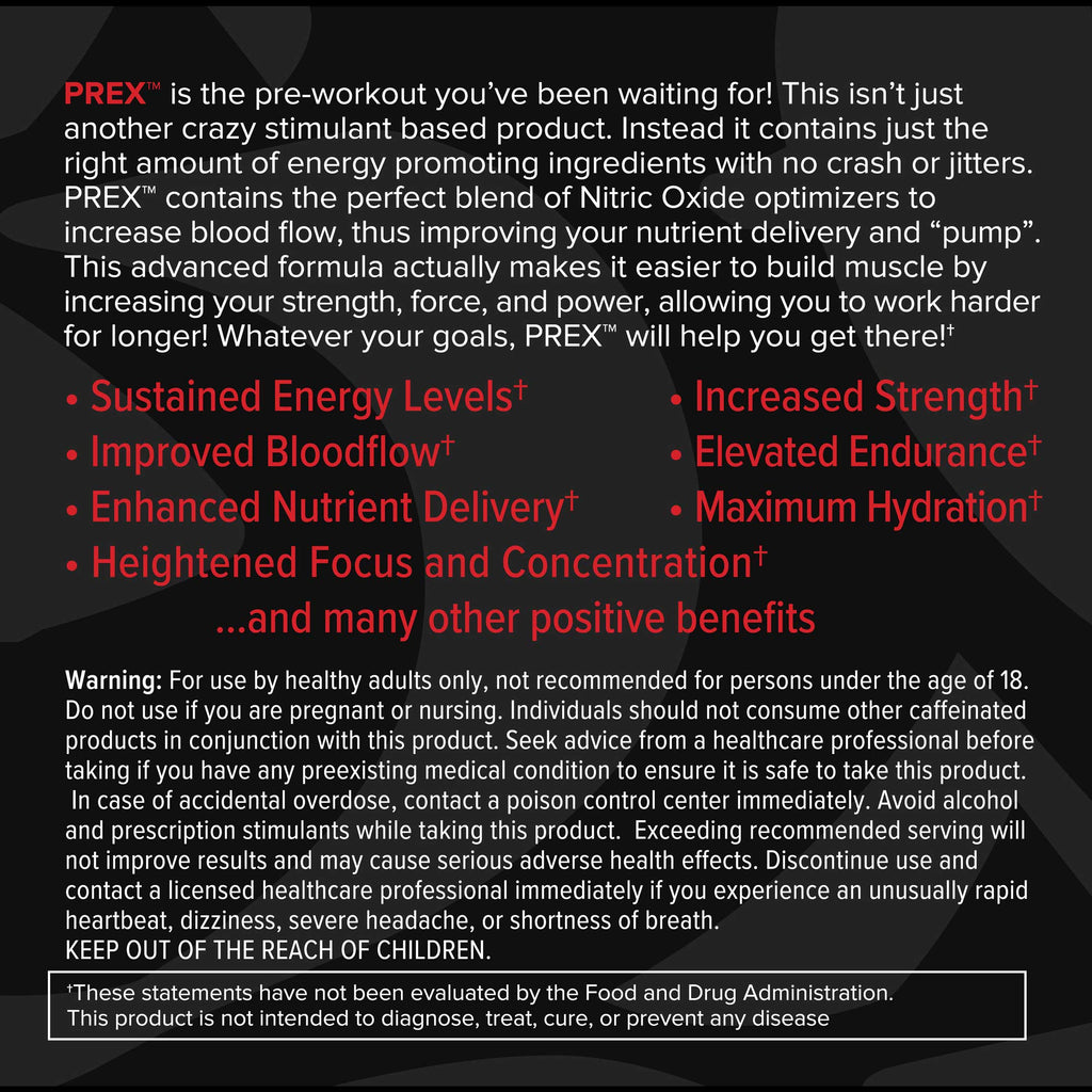Product advertisement for PREX with text on a dark background