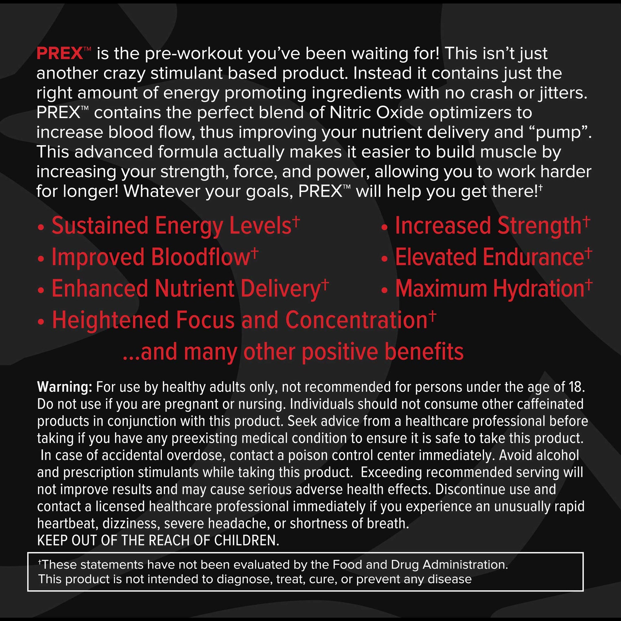 Product advertisement for PREX with text on a dark background