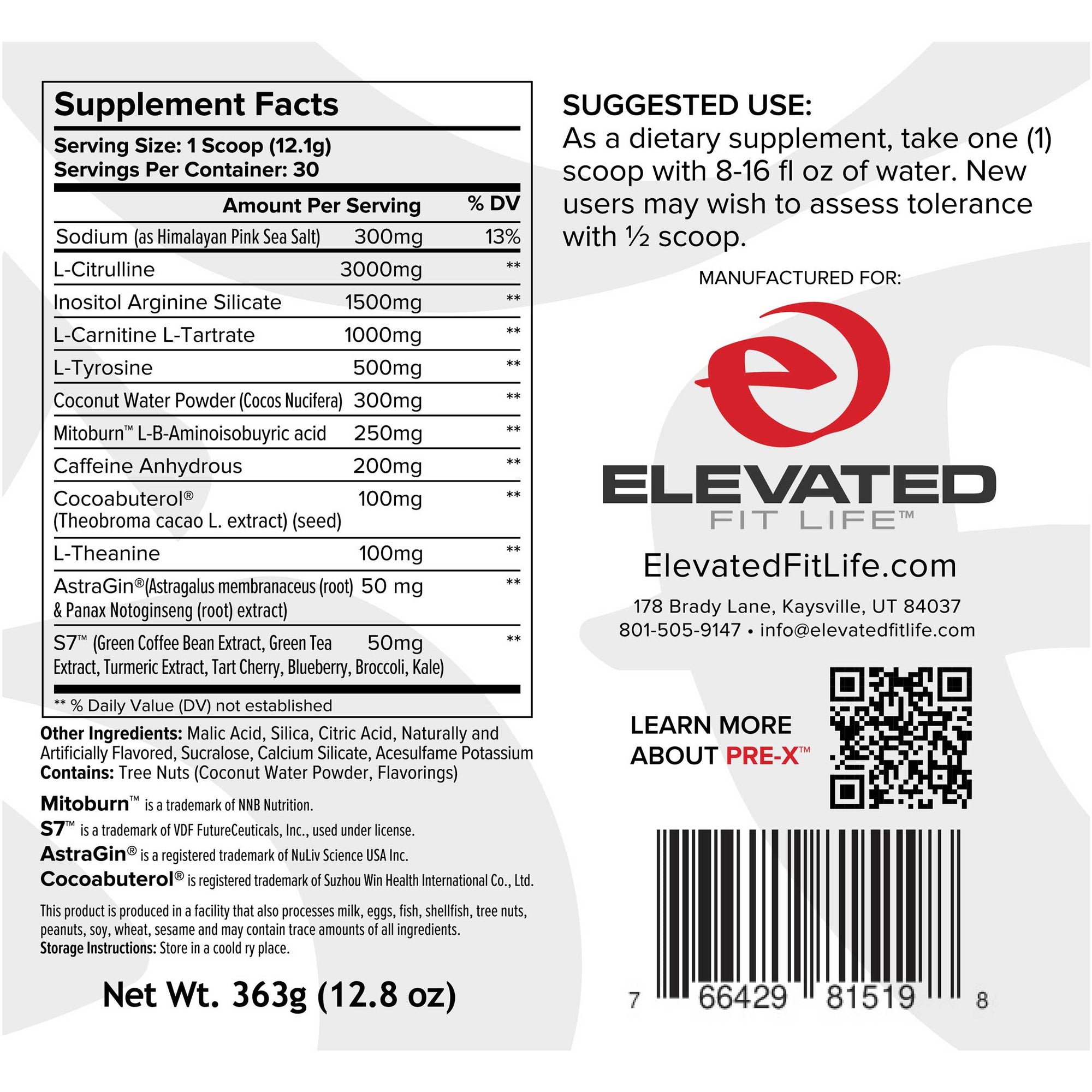 Supplement label with ingredients and branding for Elevated FitLife.