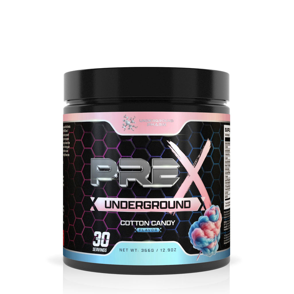 PREX Underground supplement container with cotton candy flavor on a white background