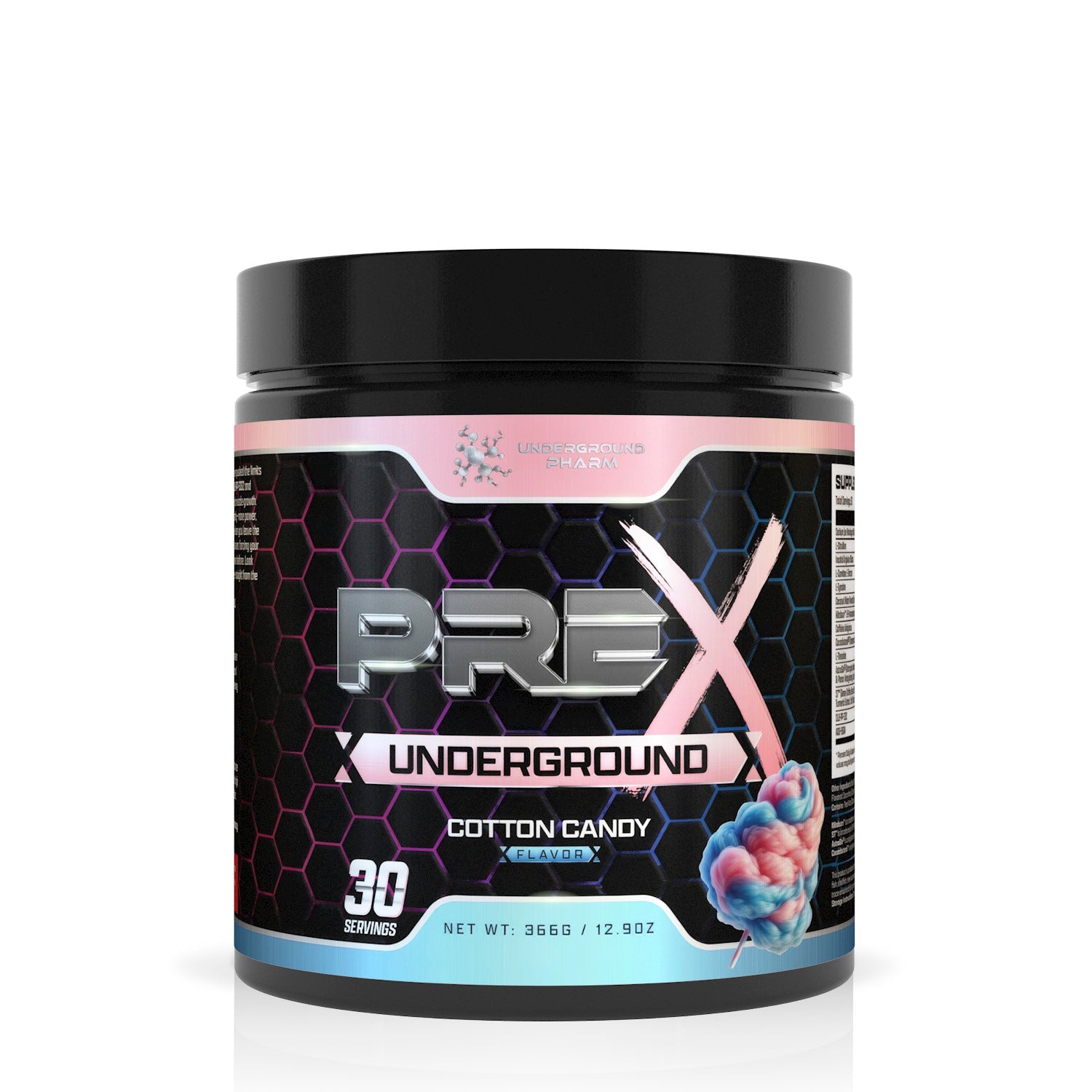 PREX Underground supplement container with cotton candy flavor on a white background