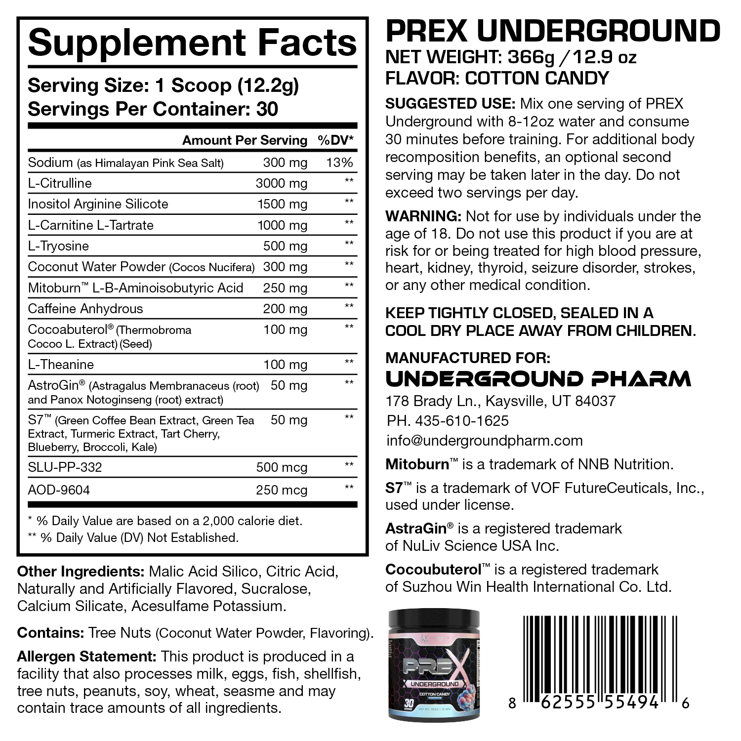 Supplement label for PREX Underground with serving size, ingredients, and manufacturing details.