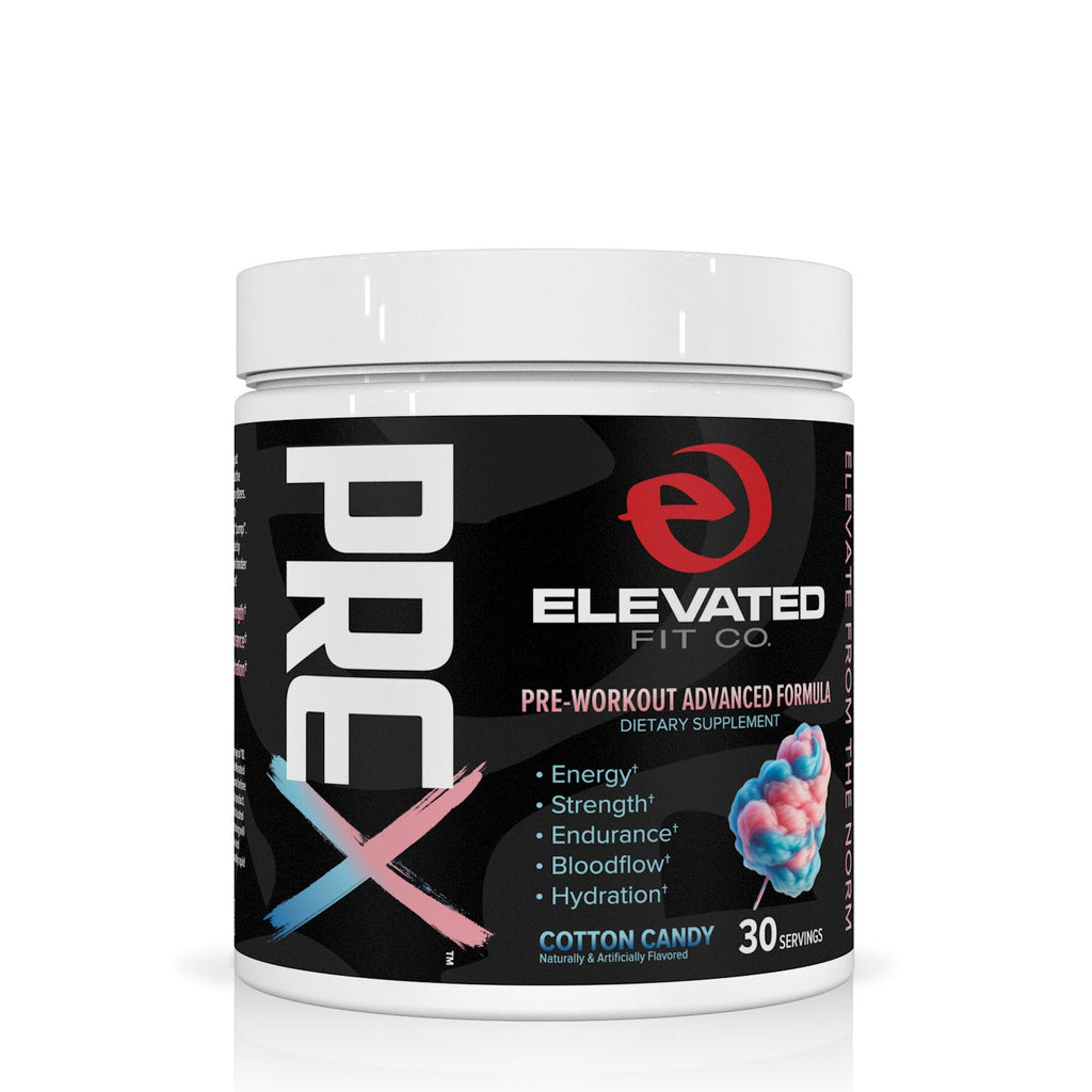 Pre-workout supplement container with 'Elevated Fit Co' branding on a white background