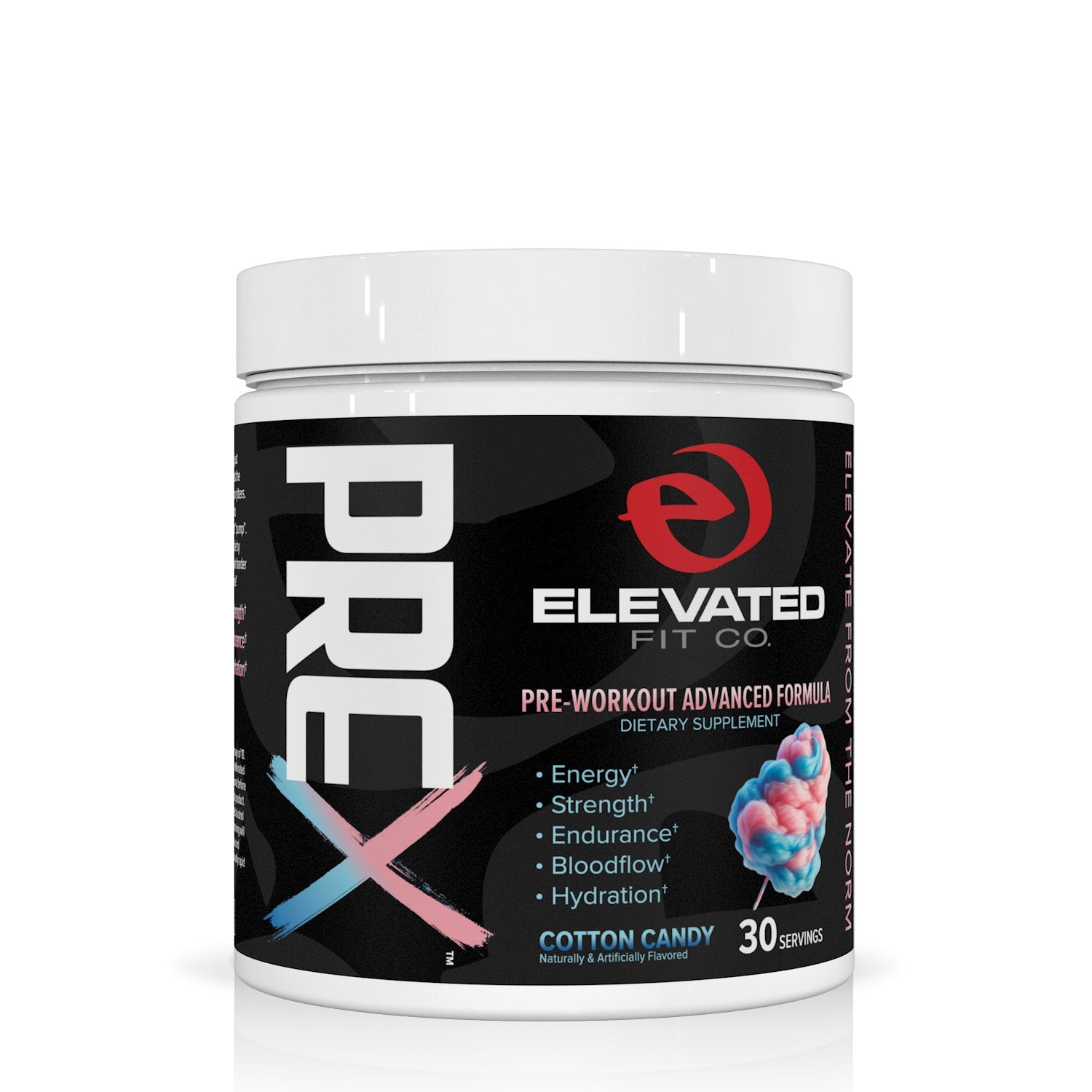 Pre-workout supplement container with 'Elevated Fit Co' branding on a white background