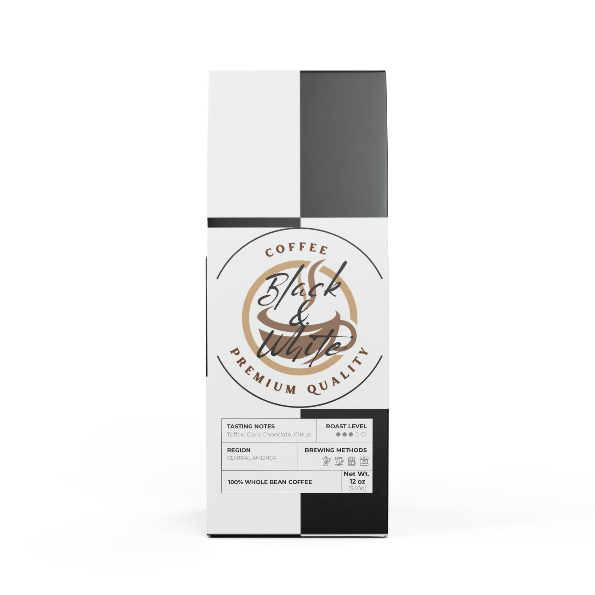 Coffee package with 'Black & White' branding on a white background