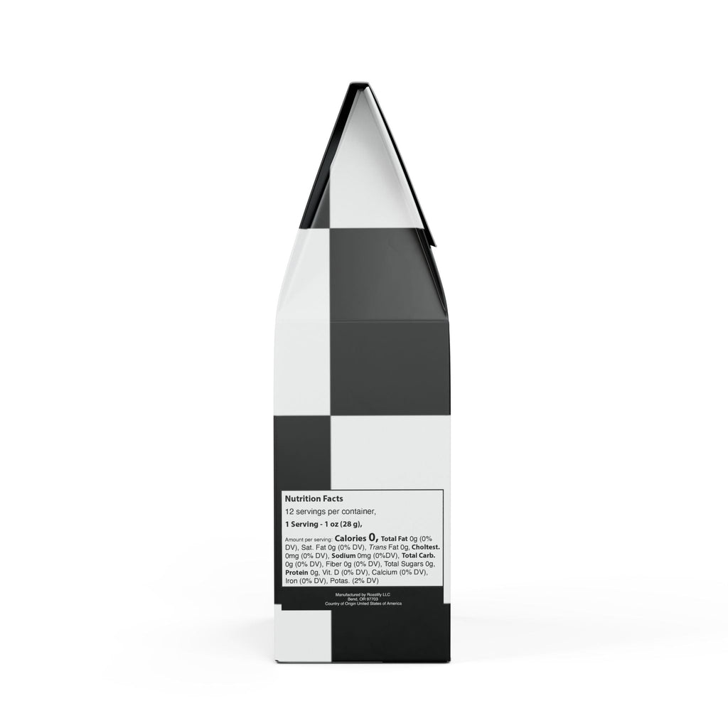 Black and white checkered box with nutritional facts label on a white background