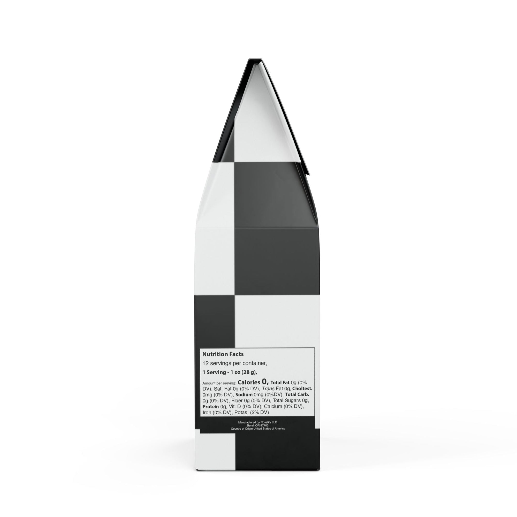 Black and white checkered box with nutritional facts label on a white background