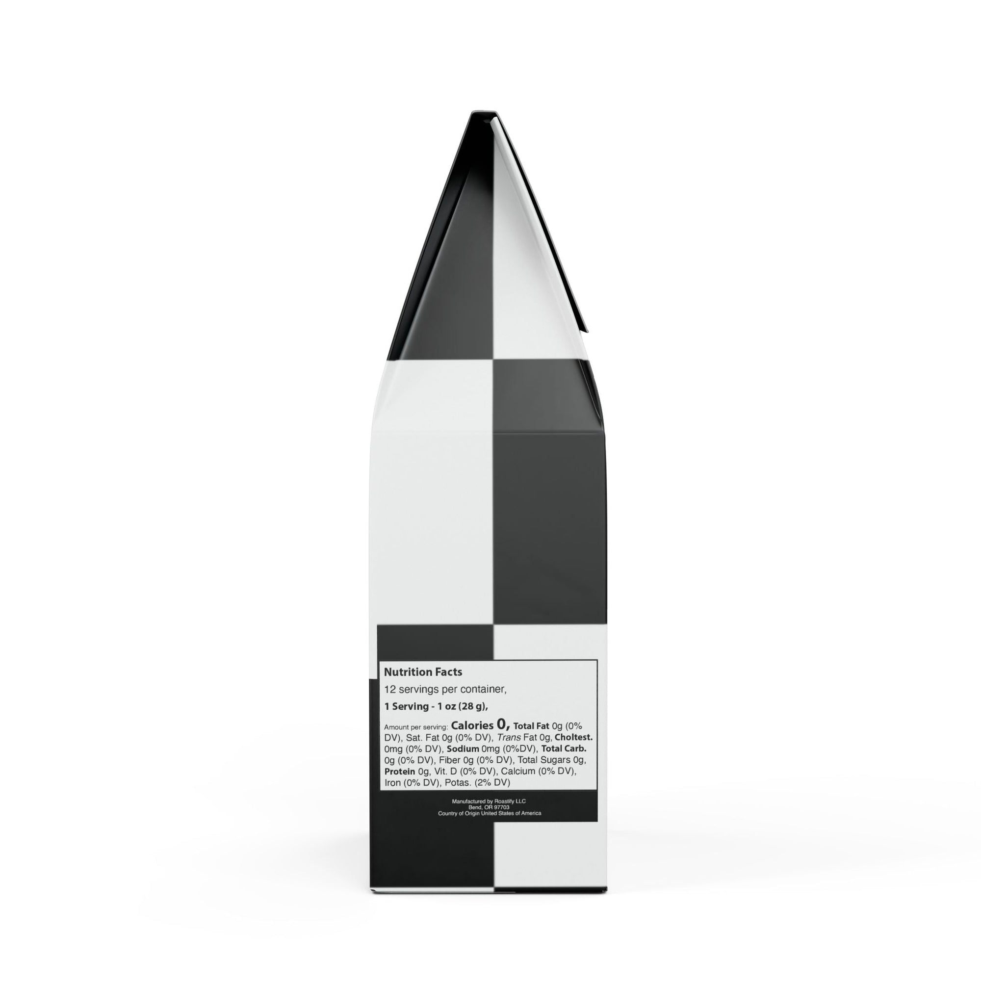 Black and white geometric patterned product packaging on a white background