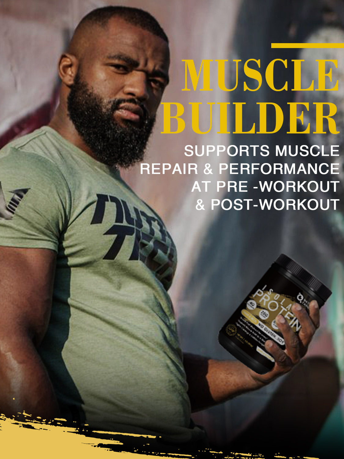Man holding a protein supplement with promotional text about muscle builder support.