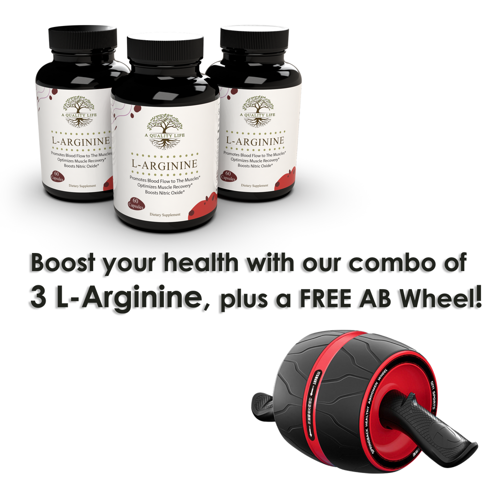 Three bottles of L-Arginine supplement with a free AB wheel on a white background
