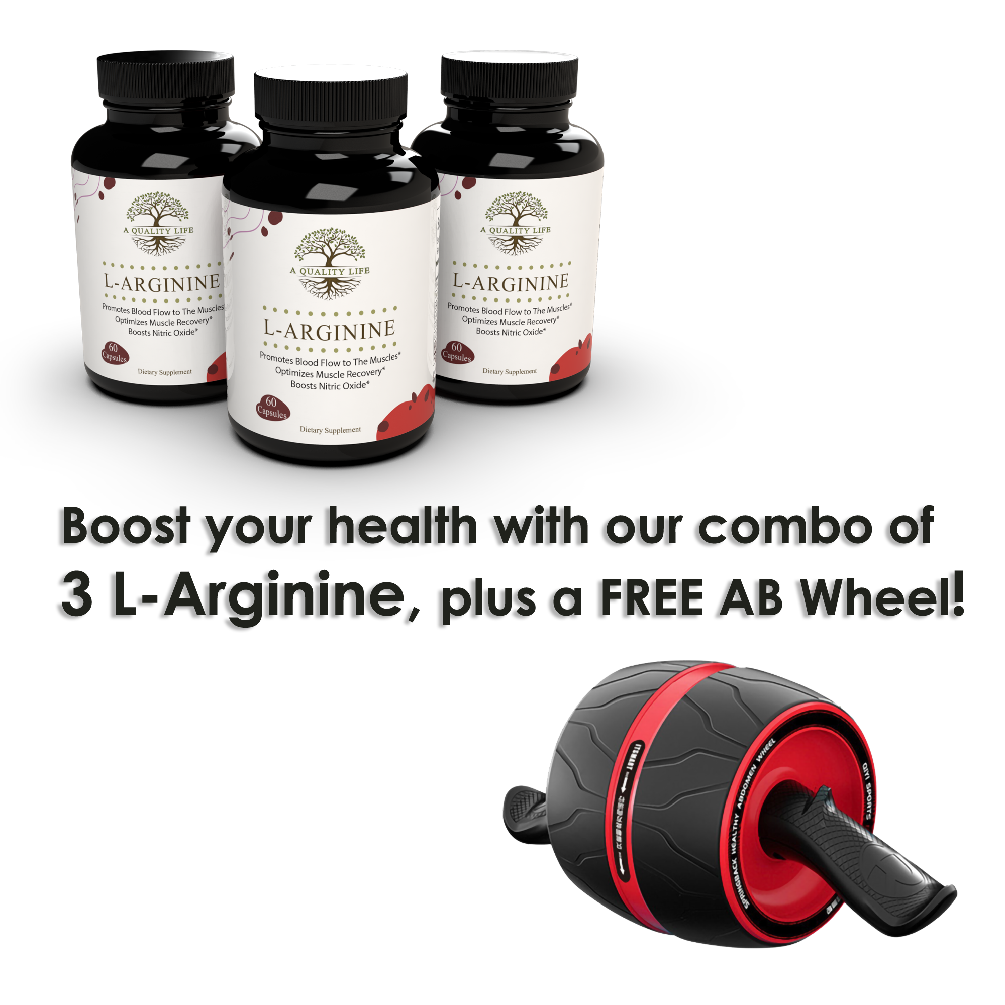 Three bottles of L-Arginine supplement with a free AB wheel on a white background