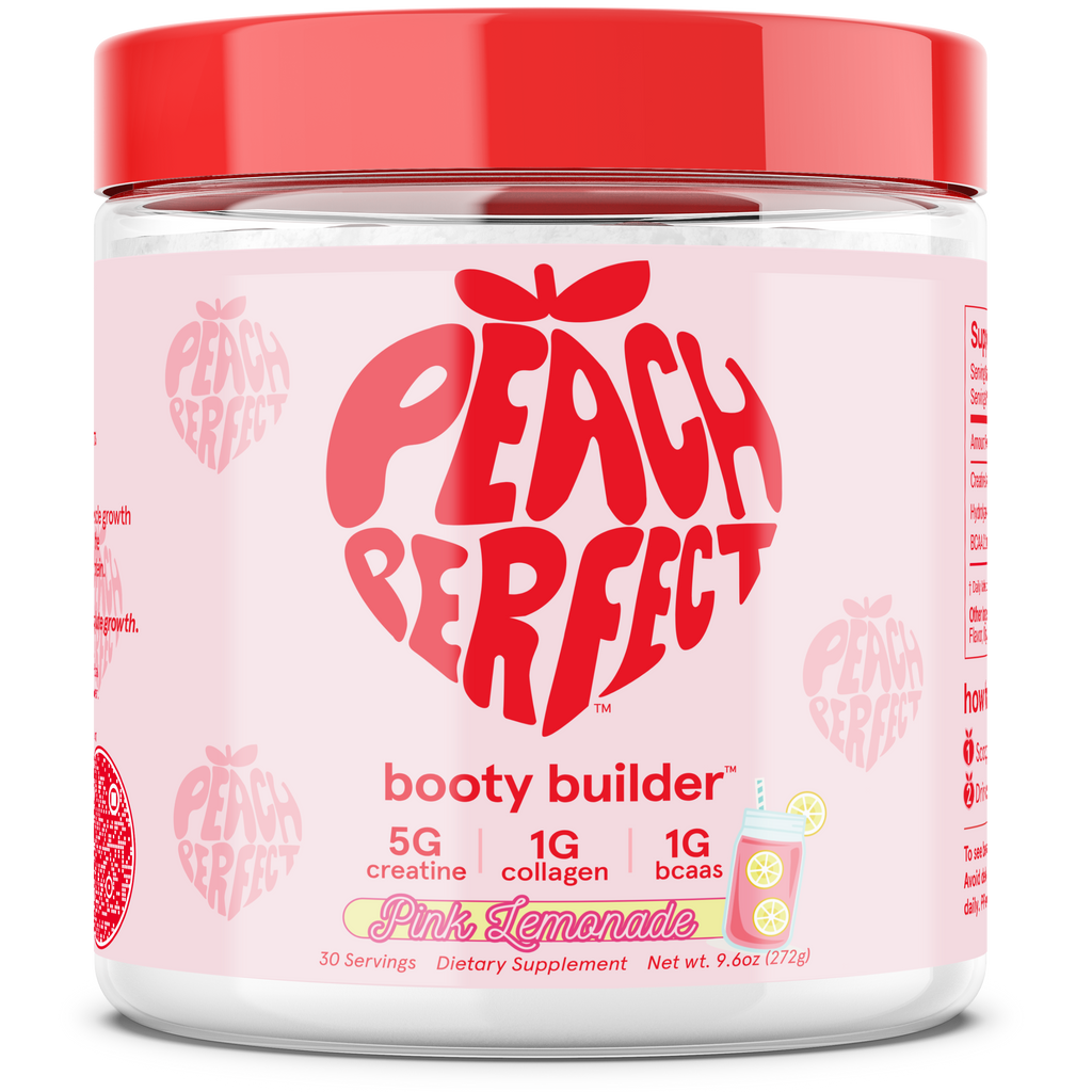 Peach Perfect Booty Builder supplement jar with pink lemonade flavor on a white background