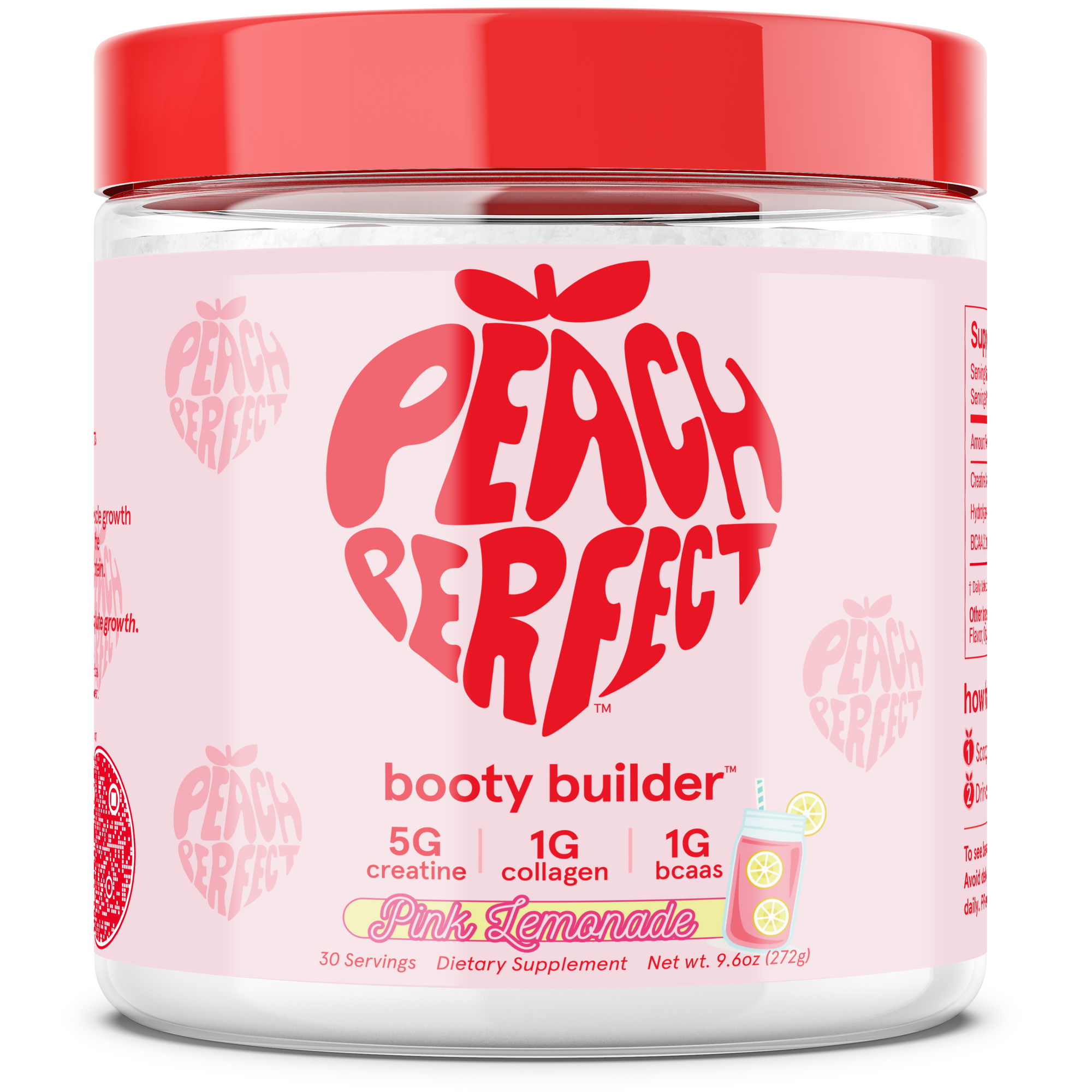 Peach Perfect Booty Builder supplement jar with pink lemonade flavor on a white background