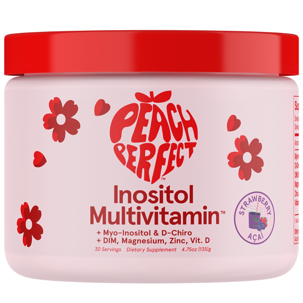 Jar of Peach Perfect Inositol Multivitamin with red lid and floral design on a white background