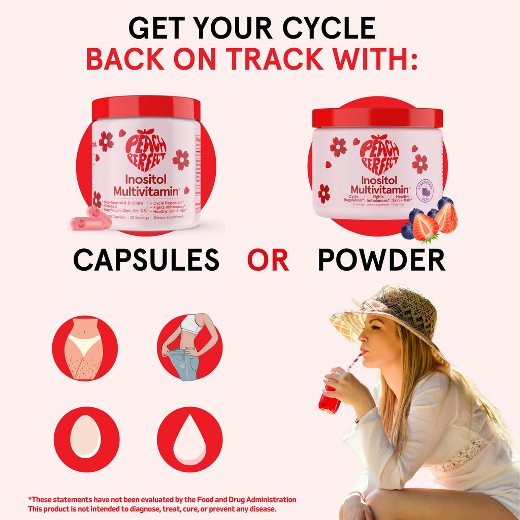 Advertisement for Penn Effect Inositol Multivitamin with capsules and powder options, featuring a woman drinking from a red container.