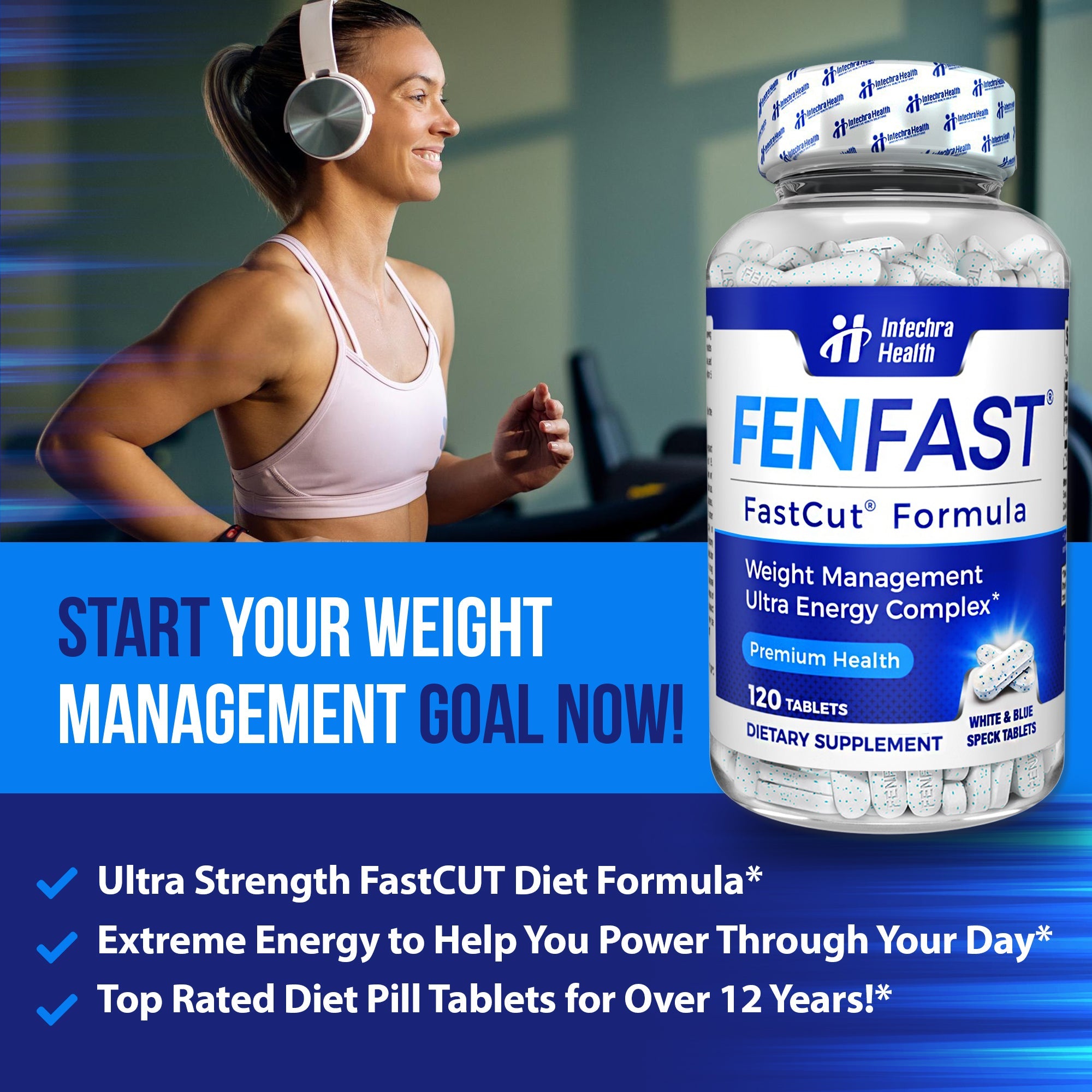 Bottle of FENFAST supplement with a woman exercising in the background