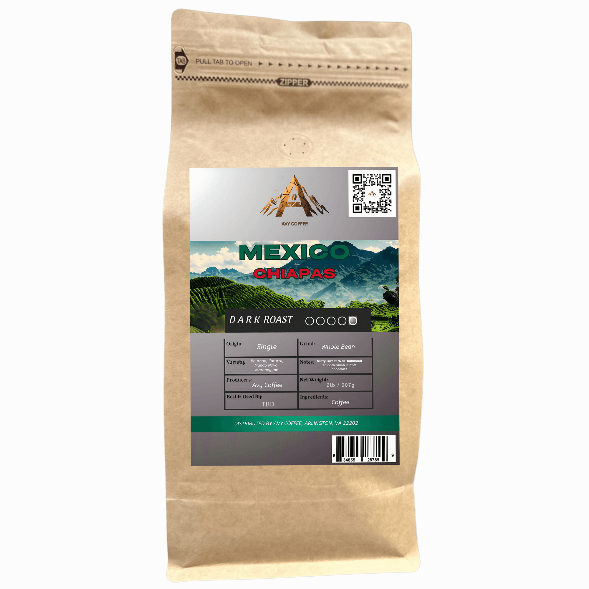 Kraft paper coffee bag with a label on a gray background