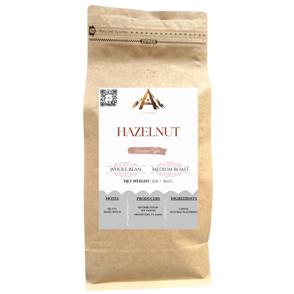 Kraft paper coffee bag with hazelnut flavor label on a white background