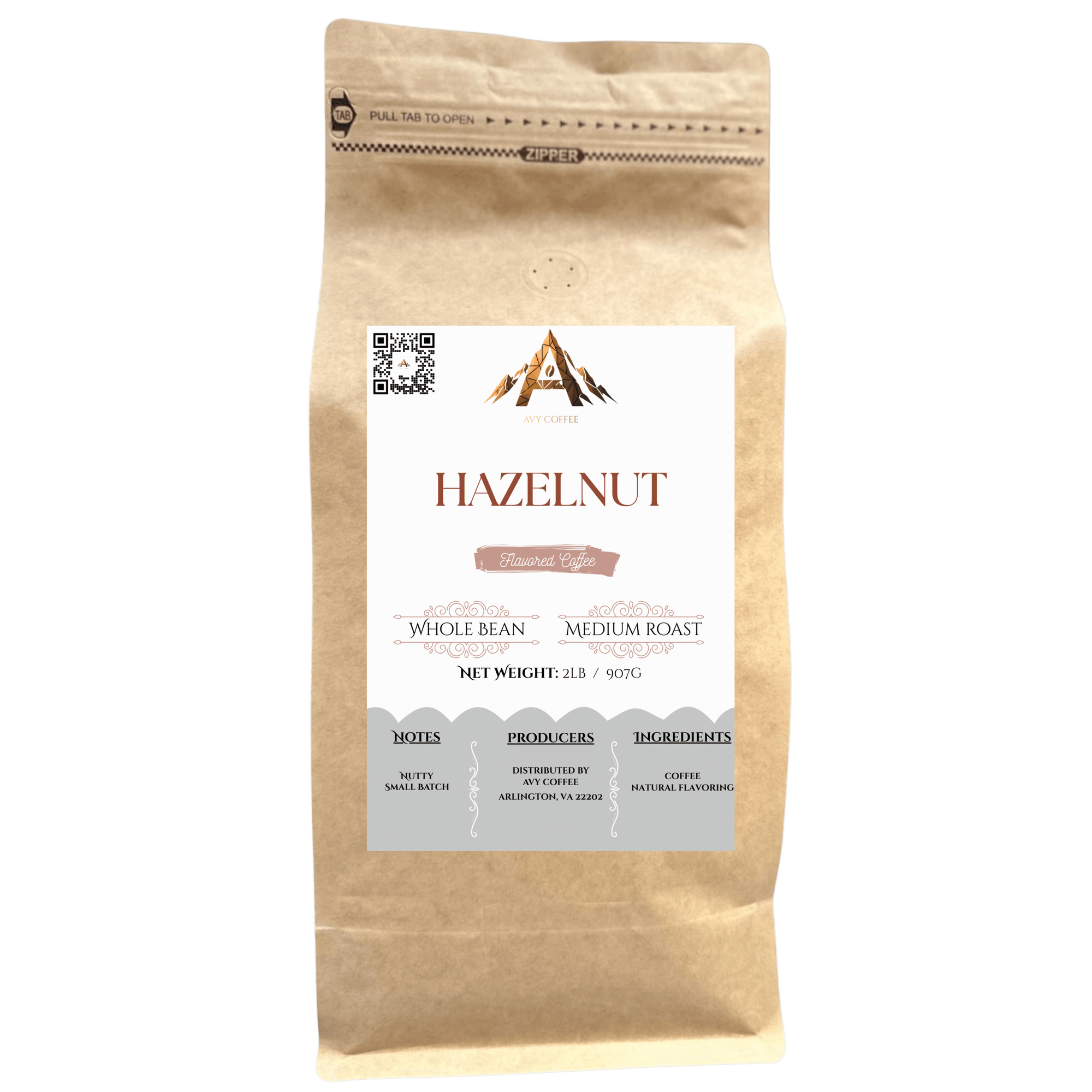 Kraft paper coffee bag with hazelnut flavor label on a white background