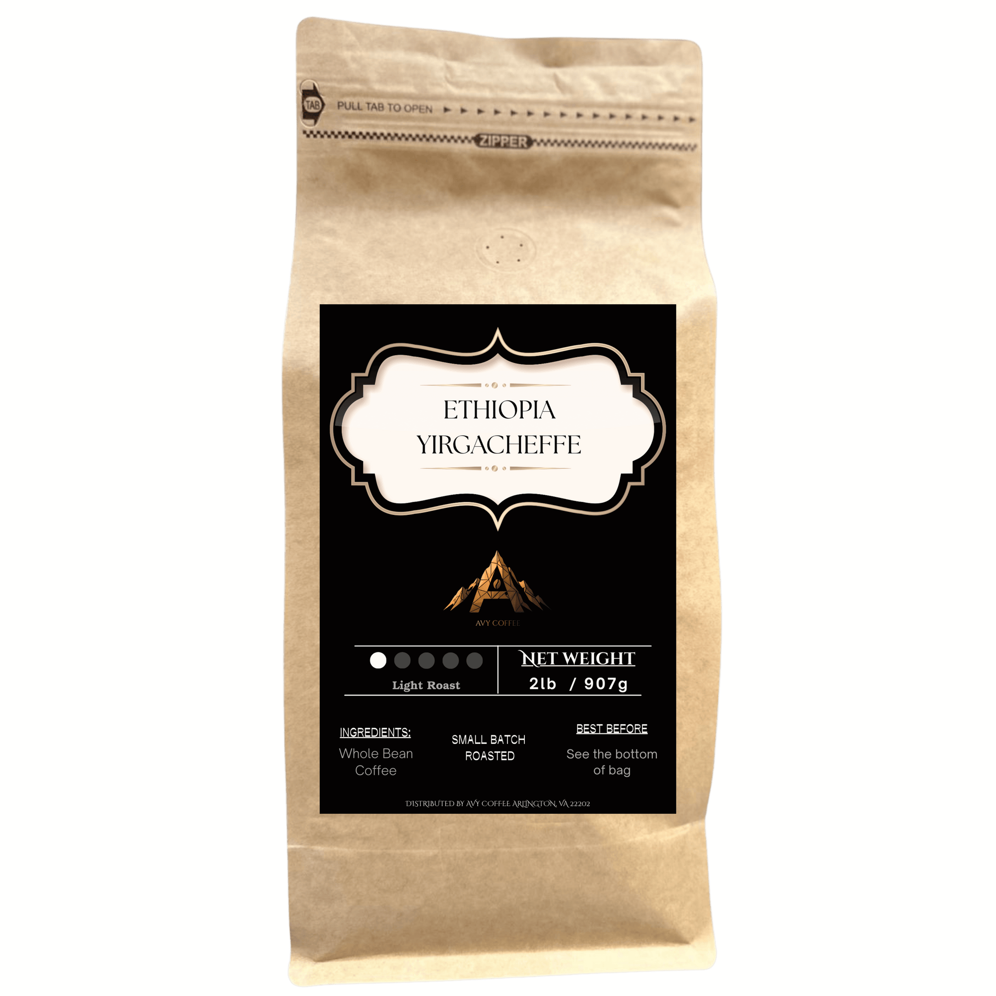 Coffee bag labeled 'Ethiopia Yirgacheffe' with a black label on a white background
