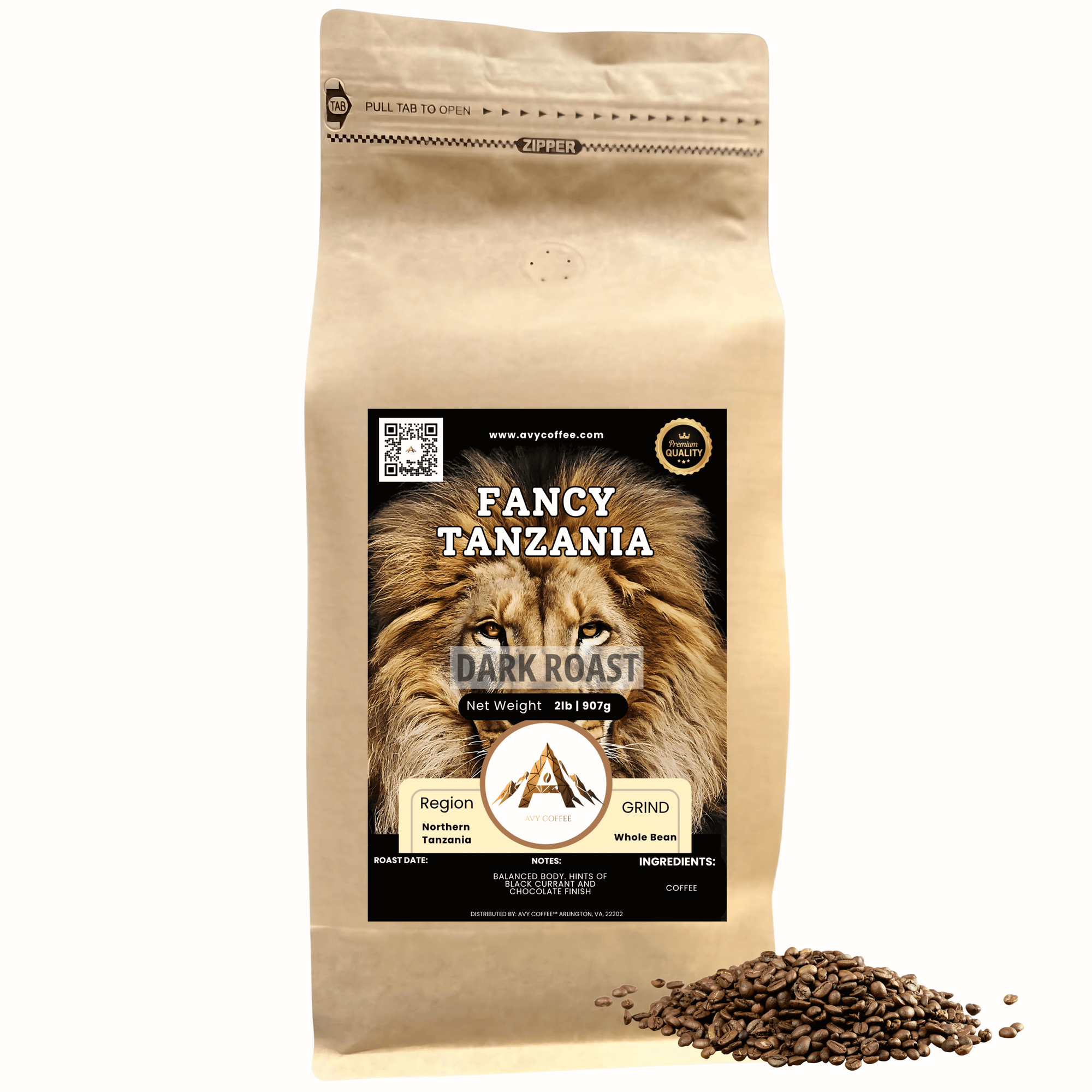 Coffee bag labeled 'Fancy Tanzania' with a lion's face on the label, featuring the brand logo.