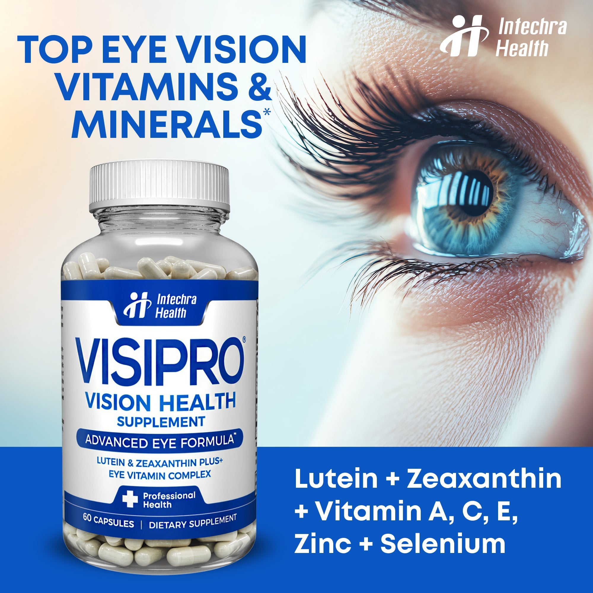 VISIPRO eye health supplement bottle with eye close-up and Intechna Health branding