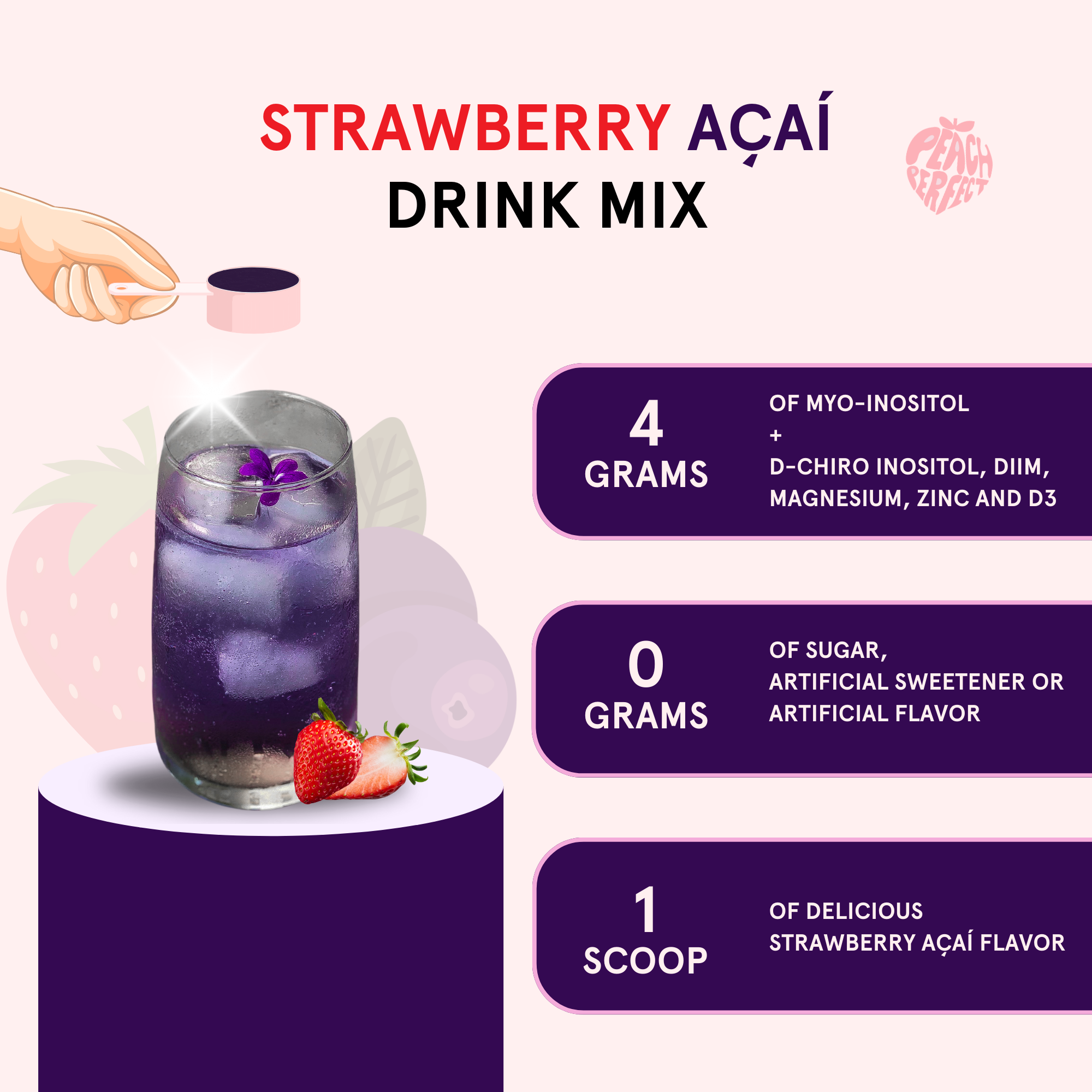 Strawberry Aáé drink mix packaging with a glass of drink and ingredients.