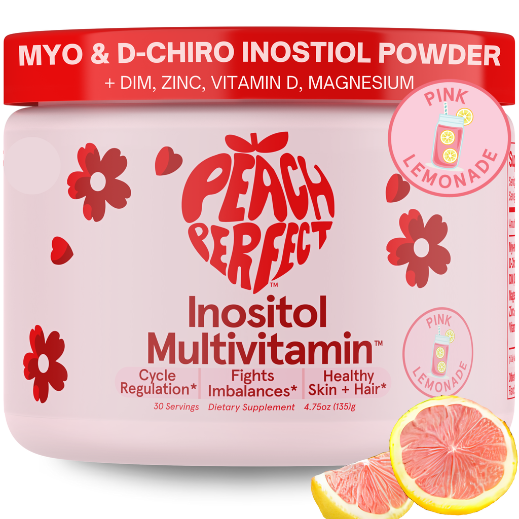 Peach Perfect Inositol Multivitamin container with red and pink design on a white background
