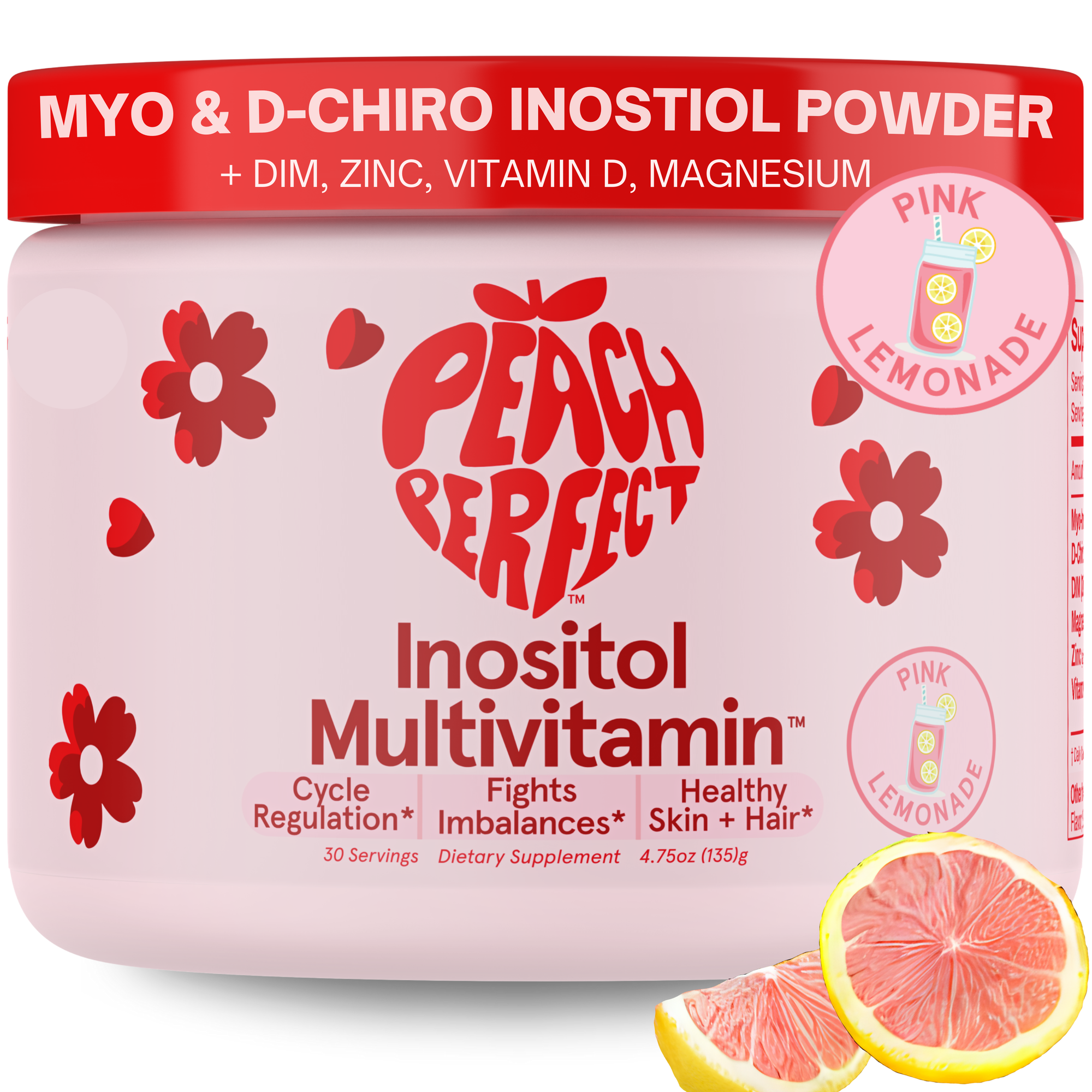 Peach Perfect Inositol Multivitamin container with red and pink design on a white background