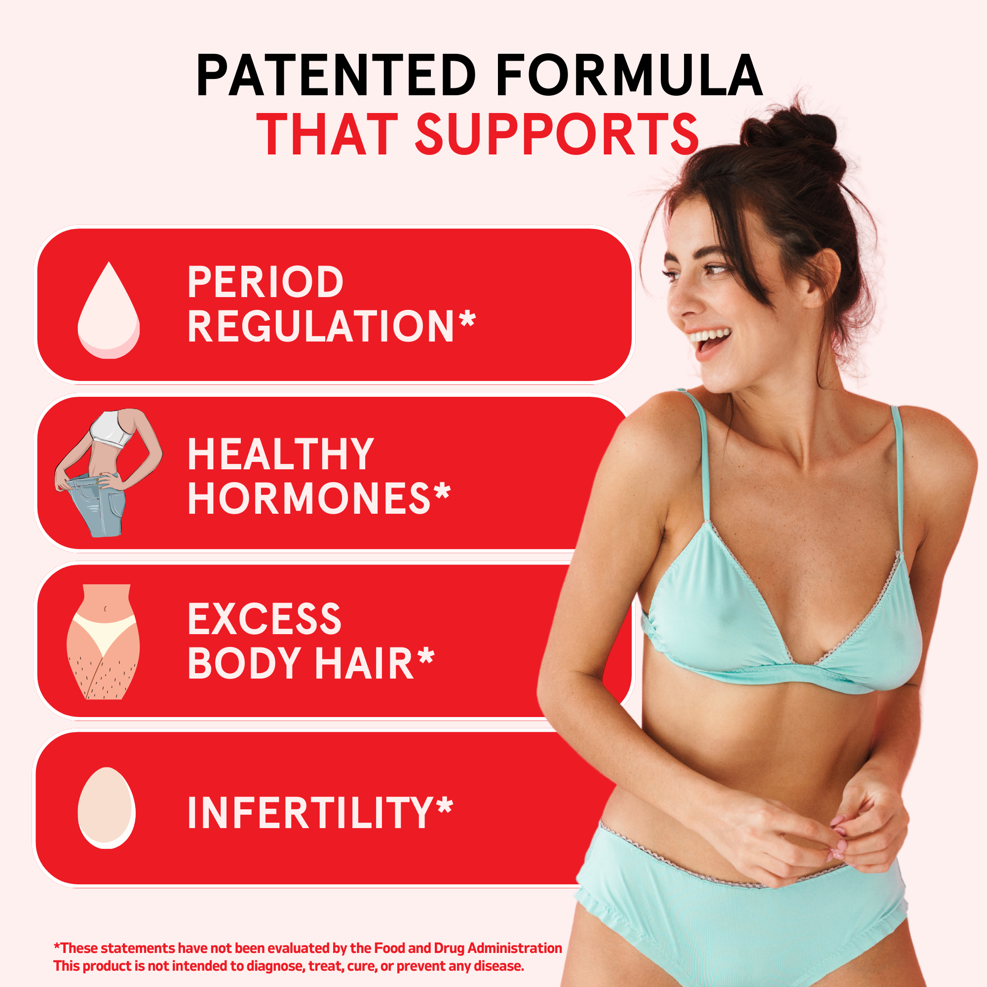 Woman in light blue underwear with text about a patented formula supporting period regulation, healthy hormones, excess body hair, and infertility.
